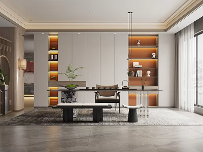 Modern Tea Room Interior With Open Layout Wooden Shelves And Green Plants 3d model