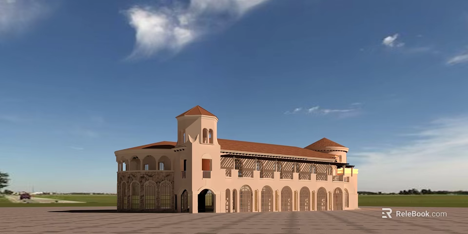 Arabic Style Commercial Complex With Tower Arched Windows And Red Roof 3d model