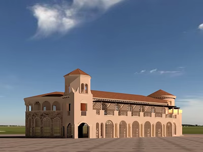 Arabic Style Commercial Complex With Tower Arched Windows And Red Roof 3d model