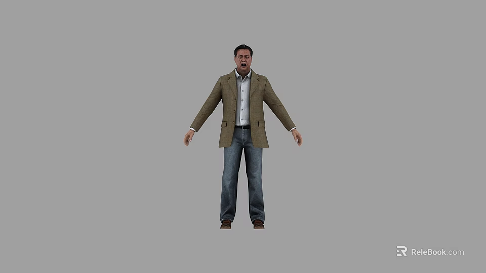 Man Wearing Brown Blazer White Shirt Blue Jeans with Arms Outstretched Standing Against Gray Background 3d model 