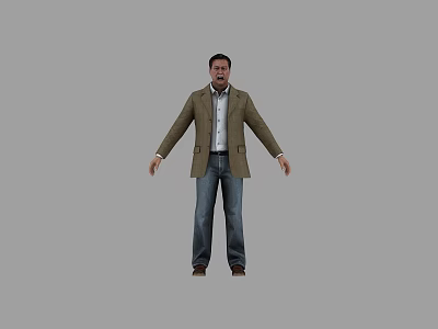 Man Wearing Brown Blazer White Shirt Blue Jeans with Arms Outstretched Standing Against Gray Background 3d model
