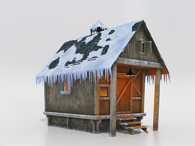Wooden Cabin With Snow Covered Roof Icicles And Wooden Door Steps 3d model