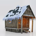 Wooden Cabin With Snow Covered Roof Icicles And Wooden Door Steps