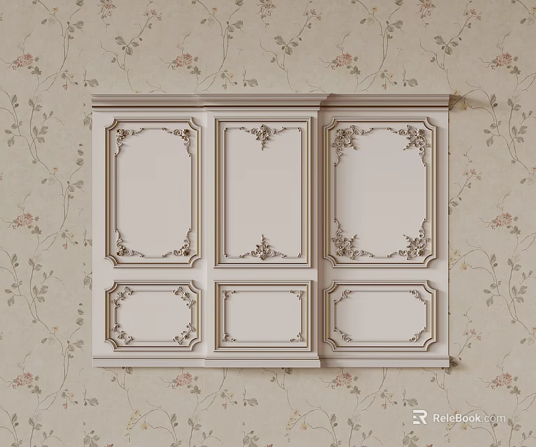 Elegant White Carved Decorative Panel With Rectangular Sections On Floral Wallpaper 3d model