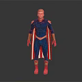 Game Movie Character in Blue Costume with Red Cape Gold Accents and Red Boots