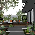 Modern Garden Design with Outdoor Seating Large Tree Green Plants Stone Path and Warm Lighting