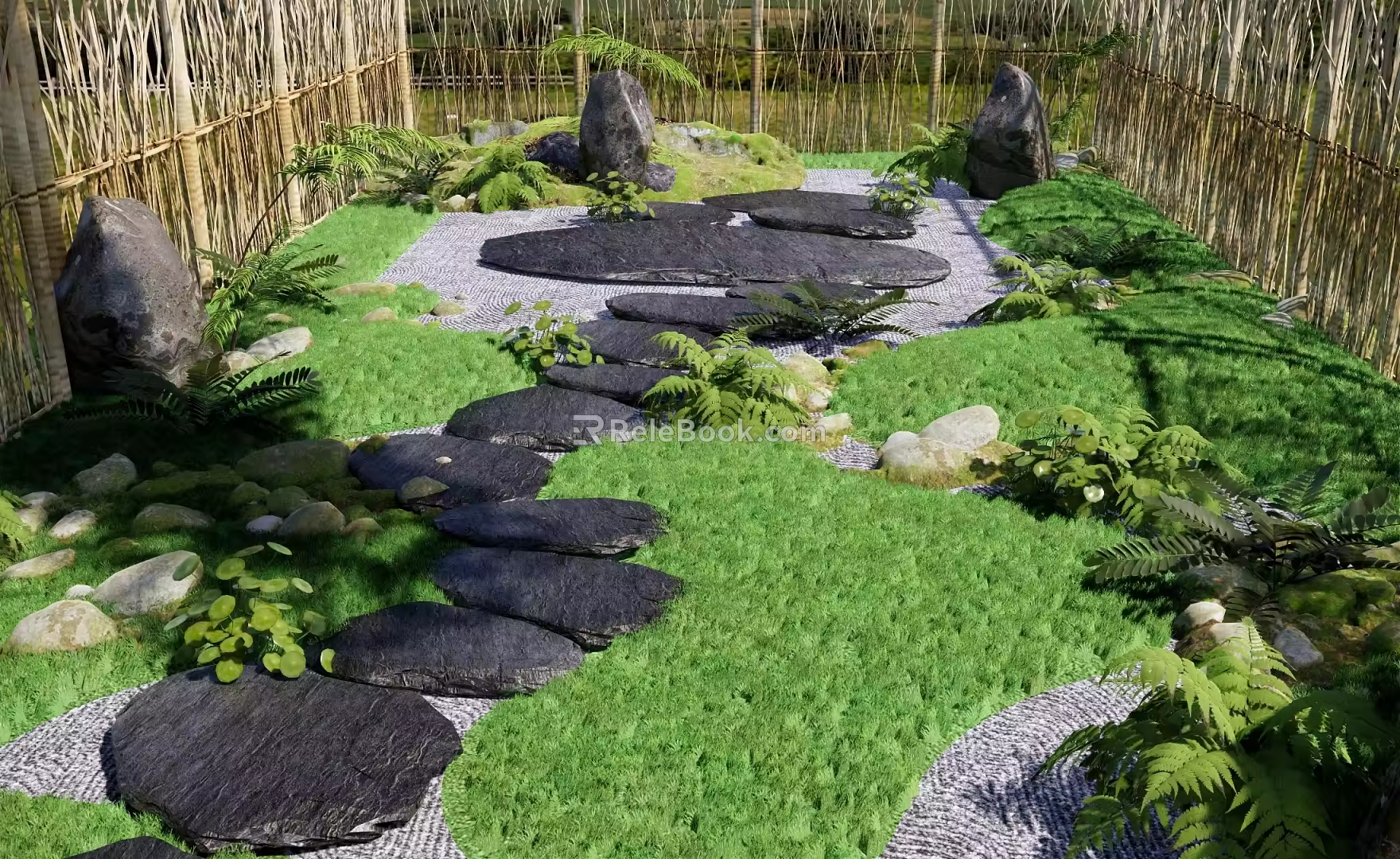 Chinese Style Green Slab Ting Step Garden Slab Paving Courtyard Slab Path Courtyard Garden Ting Step Bryophyte Group Bamboo Fence 3d model