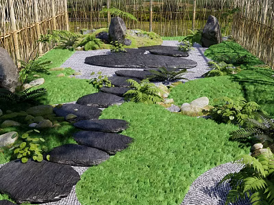 Stepping Stones Path in Natural Garden With Bamboo Fence Ferns Green Grass and Rocks 3d model