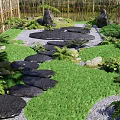Chinese Style Green Slab Ting Step Garden Slab Paving Courtyard Slab Path Courtyard Garden Ting Step Bryophyte Group Bamboo Fence 3d model