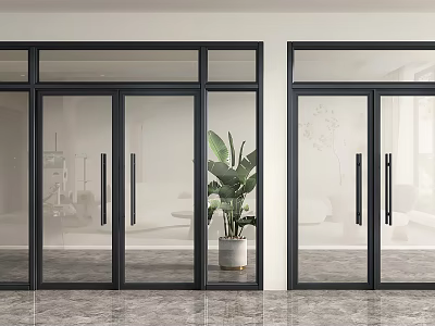 Modern Black Framed Glass Double Doors With Potted Plant In Interior Space 3d model