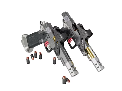Two Silver Tactical Handguns With Scattered Bullets And Firearm Parts 3d model