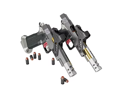 Two Silver Tactical Handguns With Scattered Bullets And Firearm Parts 3d model