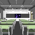 Bright School Classroom With Green Desks Chairs And Blackboard Purple Graphics