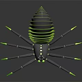 Mechanical Spider With Shiny Metallic Body And Neon Green Leg Tips On Reflective Surface