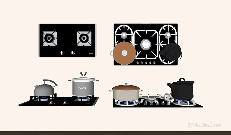 Essential Kitchen Appliances Featuring Gas Stoves And Cooking Pots 3d model 