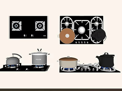 Essential Kitchen Appliances Featuring Gas Stoves And Cooking Pots 3d model
