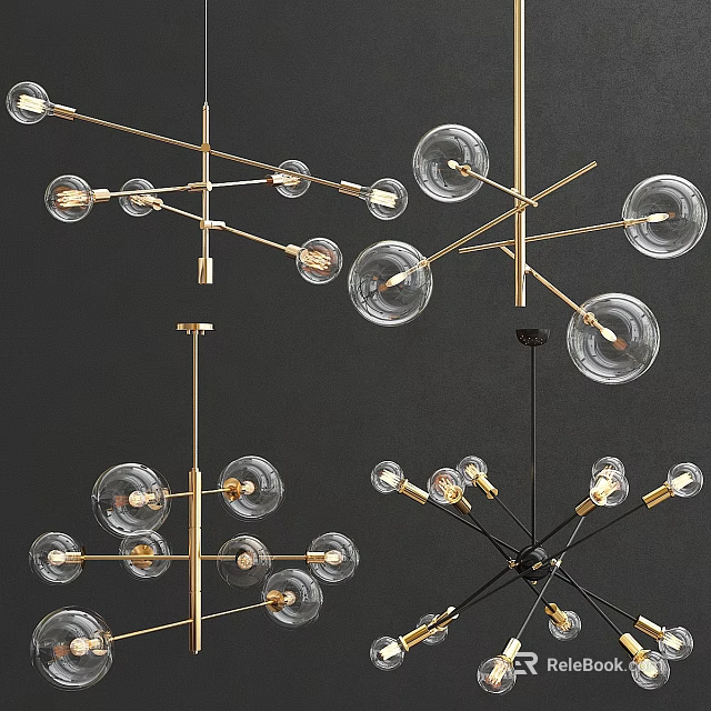 Modern Chandeliers With Golden Metal Frames And Transparent Glass Globes 3d model 