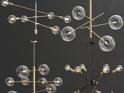 Modern Chandeliers With Golden Metal Frames And Transparent Glass Globes 3d model