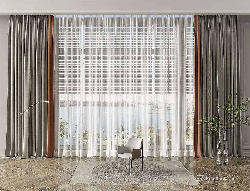 Luxurious Window Curtains With Sheer Panels And Gray Drapes In Modern Room 3d model 