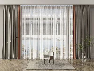 Luxurious Window Curtains With Sheer Panels And Gray Drapes In Modern Room 3d model