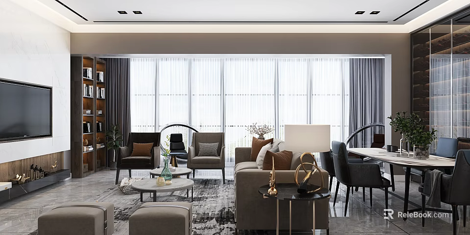 Modern Living And Dining Room Interior With Large Windows Sofa And Dining Table 3d model