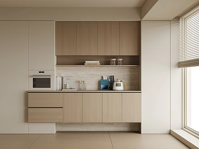 Modern Light Wood Sideboard With Upper Lower Cabinets Coffee Maker And Microwave 3d model