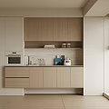 Modern Light Wood Sideboard With Upper Lower Cabinets Coffee Maker And Microwave