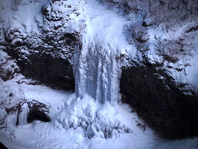Scenic Snow Covered Waterfall Landscape With Icicles Rocks And Surrounding Snow 3d model