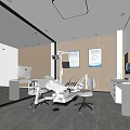 Modern Dental Clinic Interior Design With Dental Chair Medical Equipment And Wooden Walls White Furniture