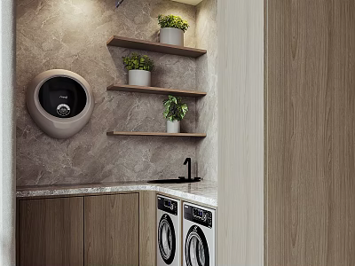 Modern Bathroom Cabinet Shelf On Marble Wall With Potted Plants And Washing Machines 3d model