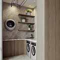 Modern Bathroom Cabinet Shelf On Marble Wall With Potted Plants And Washing Machines