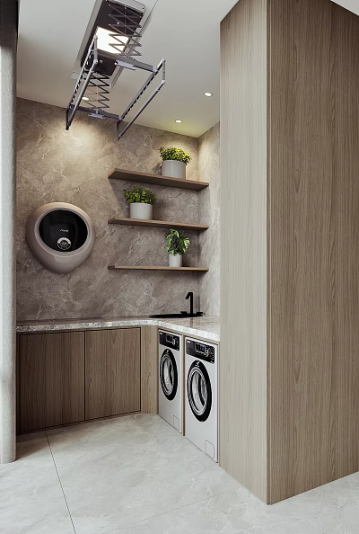 Modern Bathroom Cabinet Shelf On Marble Wall With Potted Plants And Washing Machines 3d model