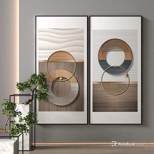 Modern Interior With Two Decorative Paintings Wavy Lines Circular Patterns And Green Plant 3d model