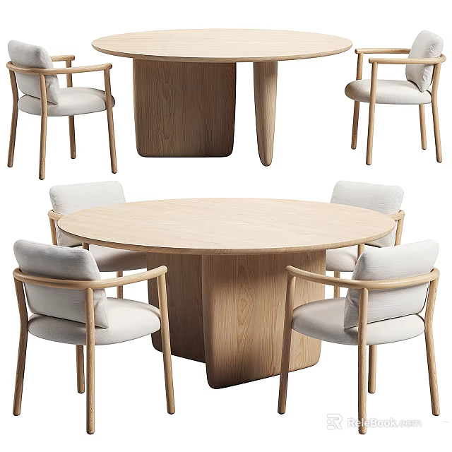 Stylish Round Wooden Dining Table With Four Light Upholstered Armchairs 3d model