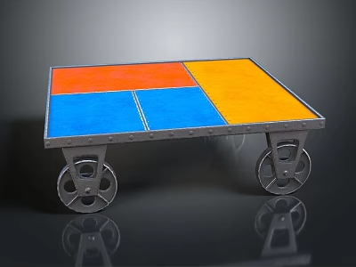 Colorful Dining Table With Orange And Blue Square Top And Metal Wheels 3d model