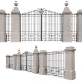 Ornate Iron Entrance Gate With Stone Columns And Intricate Decorative Patterns 3d model