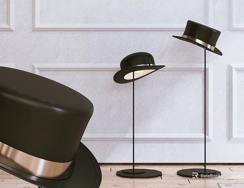 Black Top Hat Shaped Floor Lamps with Silver Trim Against White Wall and Wooden Floor 3d model 
