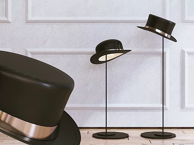 Black Top Hat Shaped Floor Lamps with Silver Trim Against White Wall and Wooden Floor 3d model