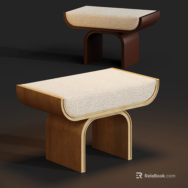 Modern Wooden Stool With Curved Legs And Beige Upholstered Seat 3d model 