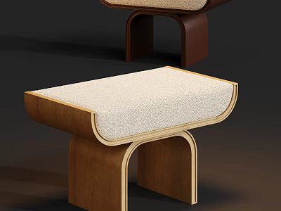Modern Wooden Stool With Curved Legs And Beige Upholstered Seat 3d model