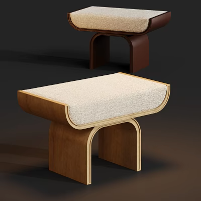 Modern Wooden Stool With Curved Legs And Beige Upholstered Seat 3d model