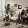 Comfortable Beige Leisure Chair with Wooden Frame and Green Plants in Cozy Living Room