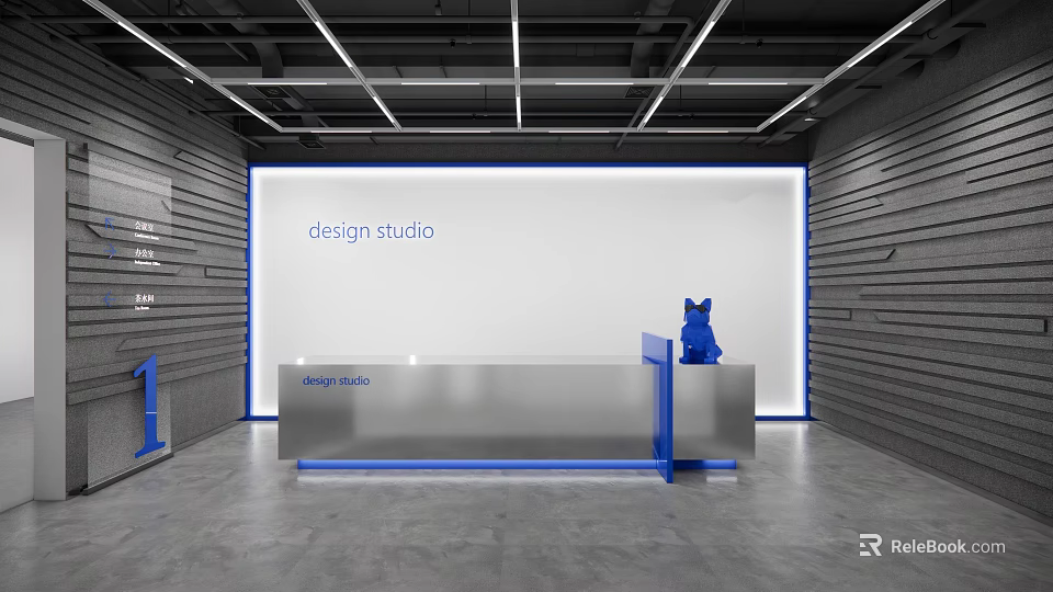 Modern Design Studio Silver Reception Desk With White Background And Blue Decor 3d model