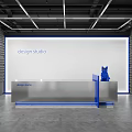 Modern Design Studio Silver Reception Desk With White Background And Blue Decor