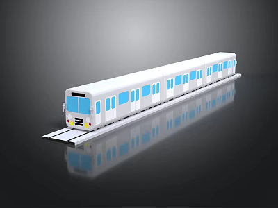 3D Model of White Train With Blue Windows on Black Background and Reflection 3d model