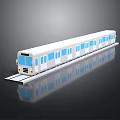 3D Model of White Train With Blue Windows on Black Background and Reflection