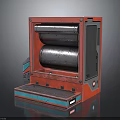 Red Industrial Machine Structure With Black Rollers Metal Platform And Control Panel