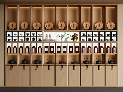 Wooden Decorative Cabinet With Shelves Displaying Tea Sets Ornaments And Green Plants 3d model