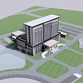 Modern Multi story Office Building With Symmetric Facade And Green Lawn Surroundings