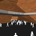 Spacious Museum Building Interior With Wooden Walls Ceiling And Visitors
